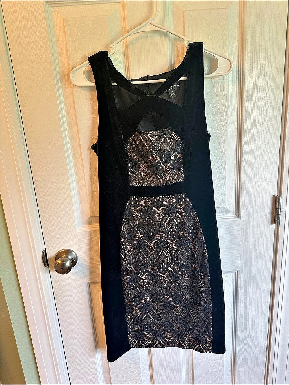 Connected Apparel Black Lace Panel velvet Mini Dress